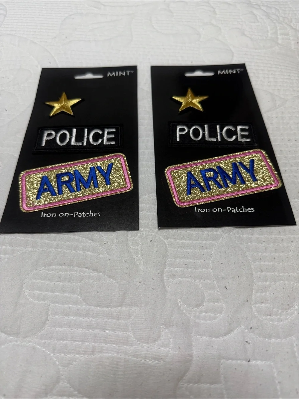 Set of 2 MINT Iron-On Patch Set - Gold Star, POLICE & ARMY Patches